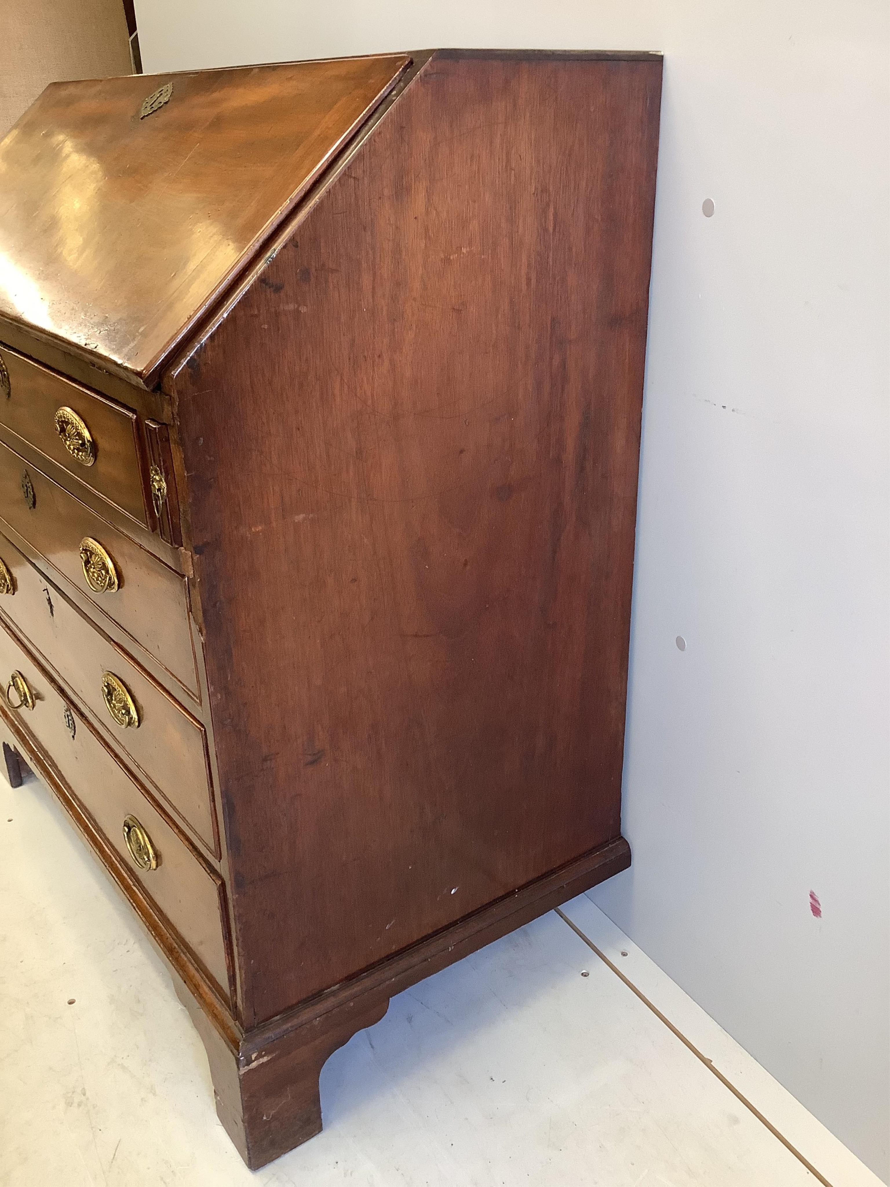 A George III mahogany bureau, width 91cm, depth 52cm, height 103cm. Condition - poor